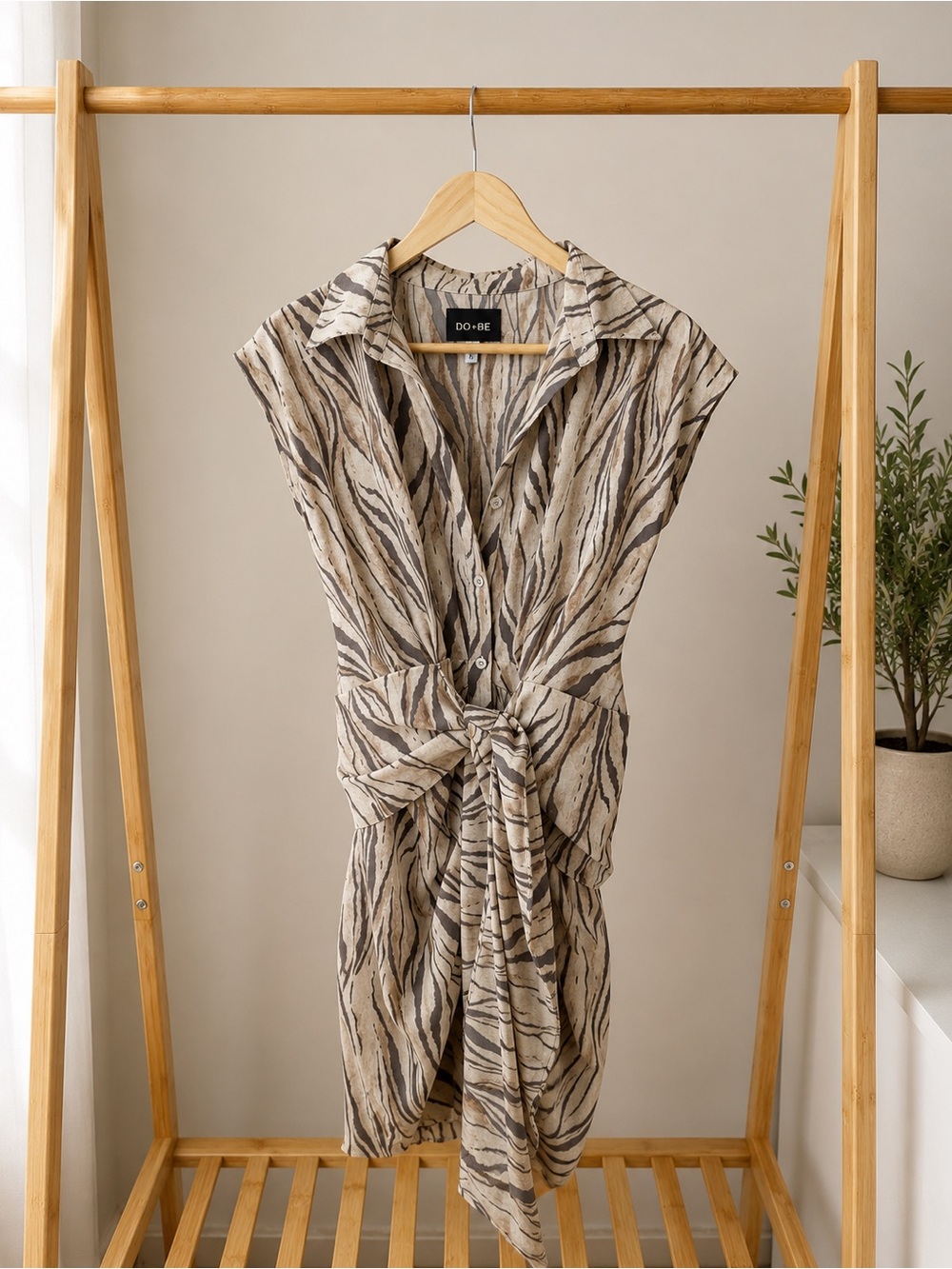 DO+BE Neutral Zebra-Pattern Tie-Front Midi Dress